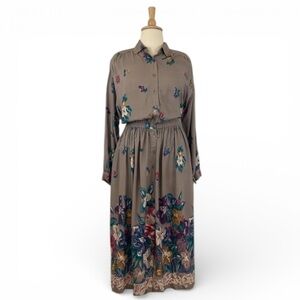 90s Floral Shirt Dress Women’s 14‎ Vintage Long Sleeve A-Line Cottage Prairie